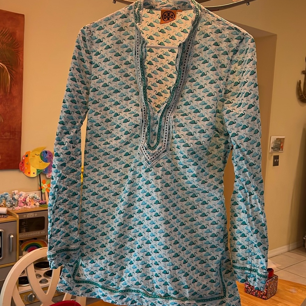 Tory Burch Long-Sleeve Flamingo Tunic with Embroidered Trim size 8